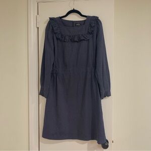 A.P.C. Robe Mel Dress in Dark Navy Polka Dot High Neck Ruffle Size 42 or US 8/10